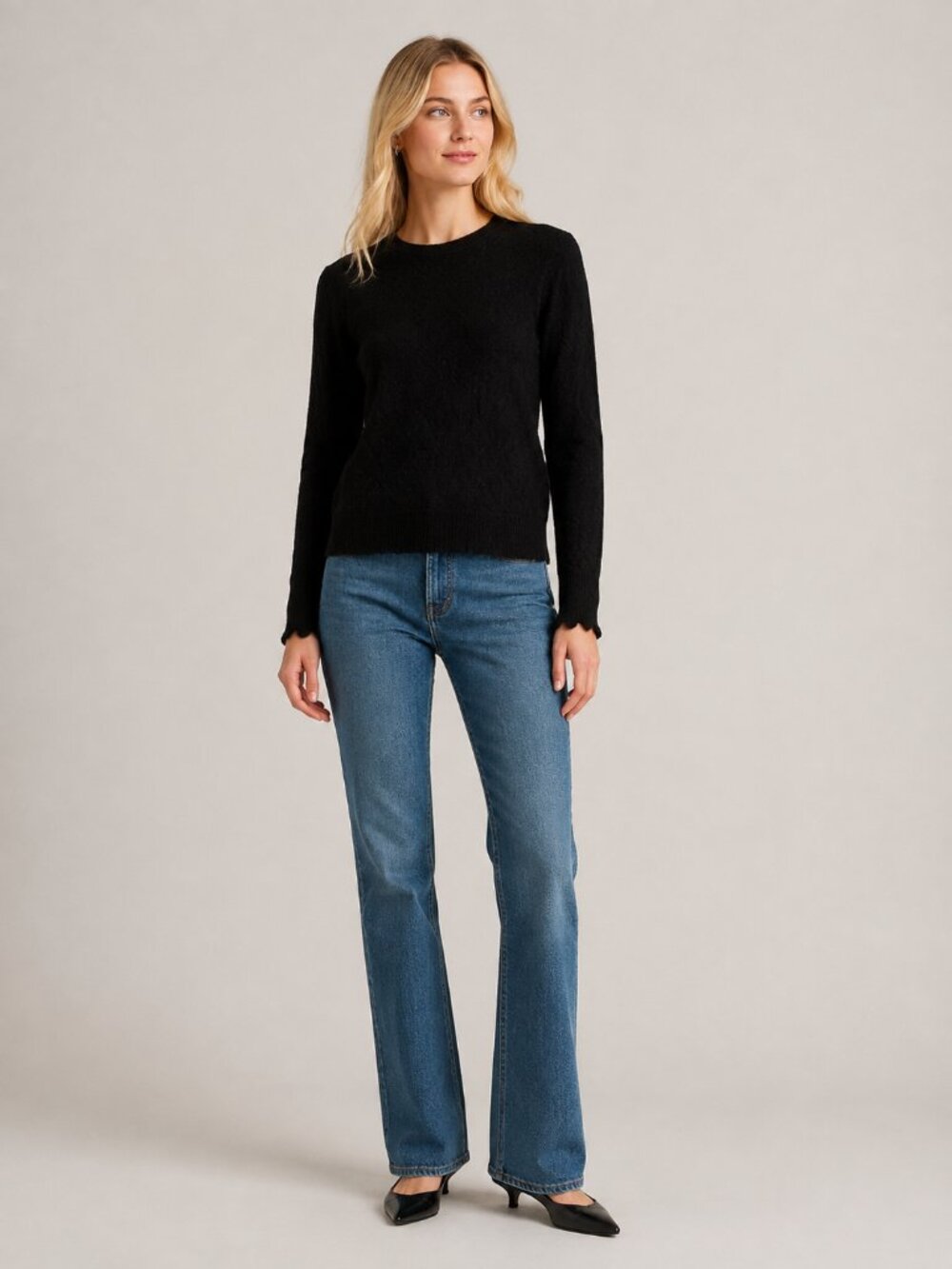 J. Crew Cashmere Scalloped Crew Neck Pullover Sweater Black Small #A3829